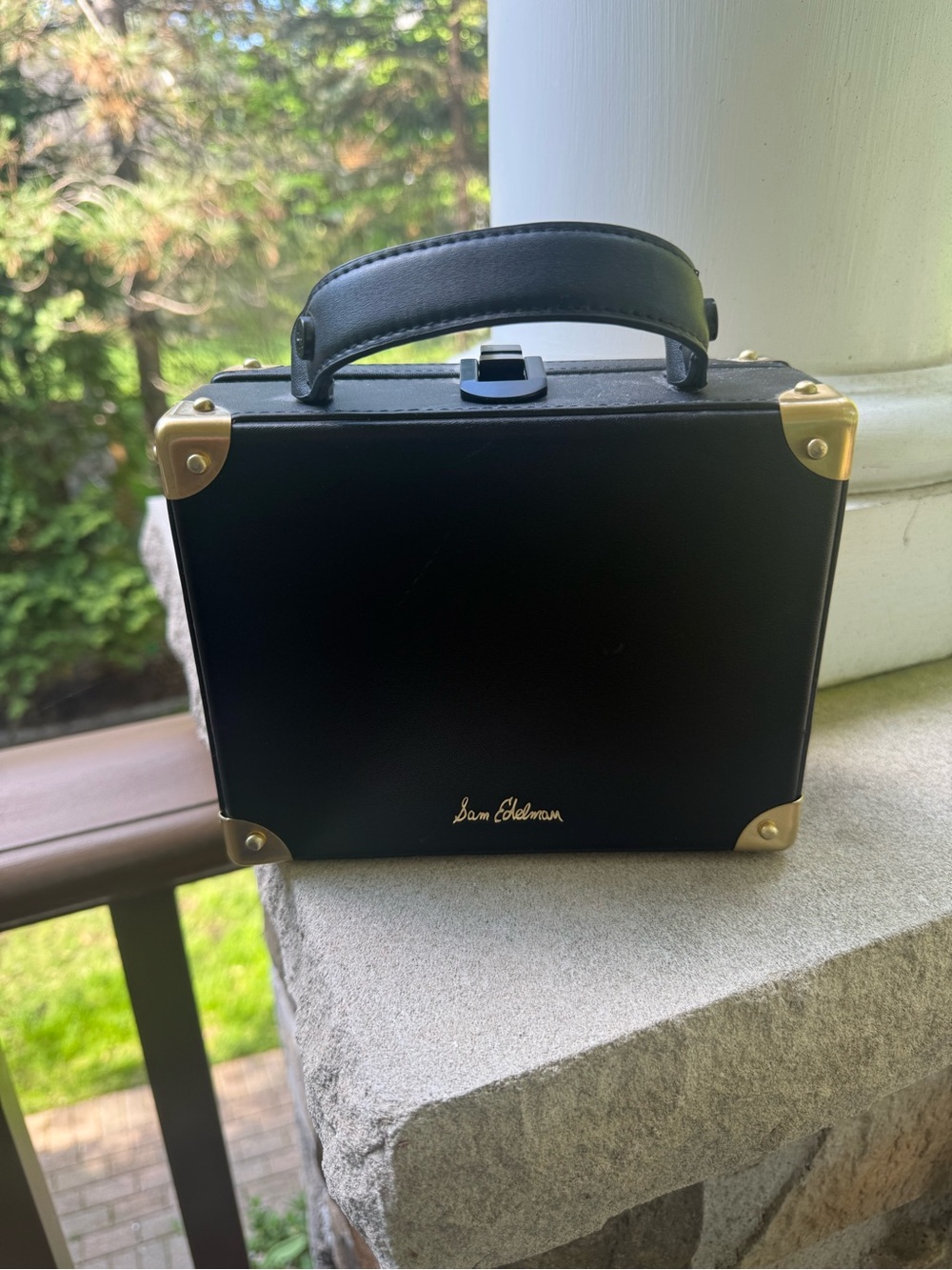 Sam Edelman Black Mini Trunk Bag with Gold Corners